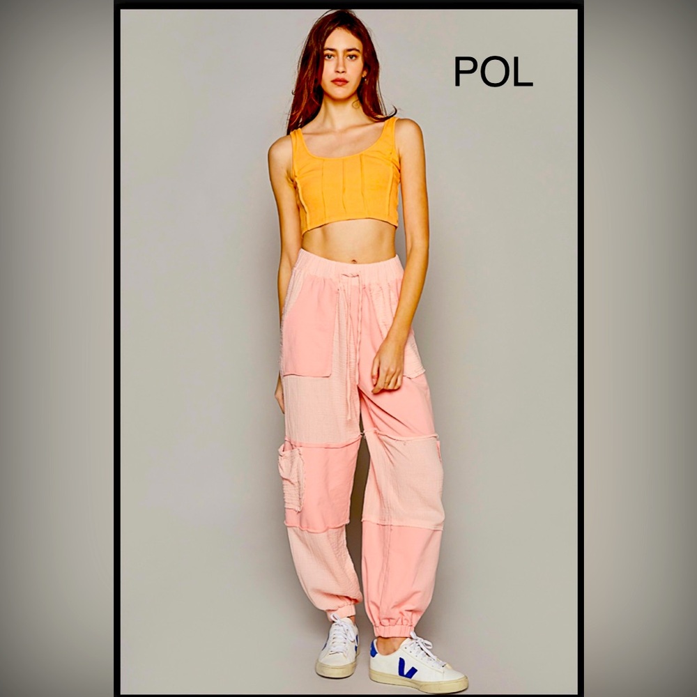 BPB15-6🌸POL playtime French Terry pink Cargo Joggers w/pockets+outseam details!